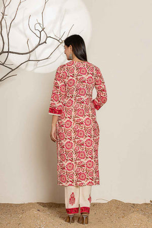 Pink Floral Print Thread Work Pure Cotton Kurti Pant Set