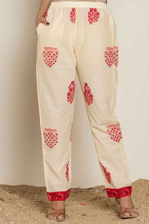 Pink Floral Print Thread Work Pure Cotton Kurti Pant Set