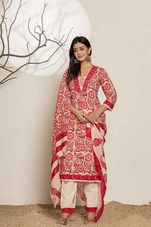 Pink Floral Print Thread Work Pure Cotton Kurti Pant Set