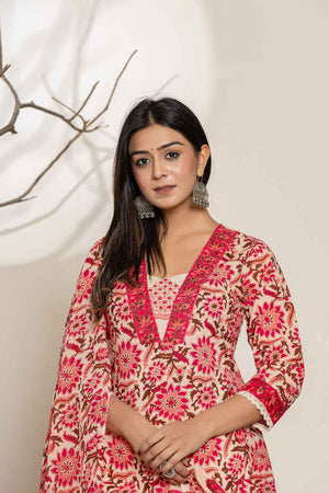 Pink Floral Print Thread Work Pure Cotton Kurti Pant Set