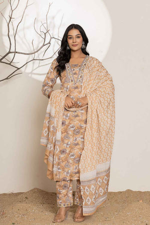 Yellow Floral Print Pure Cotton Kurti Pant Set