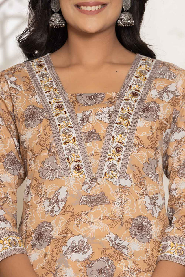 Yellow Floral Print Pure Cotton Kurti Pant Set