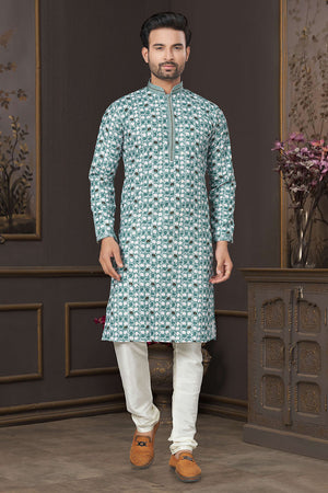 Green Printed Cotton Kurta Pyjama Set