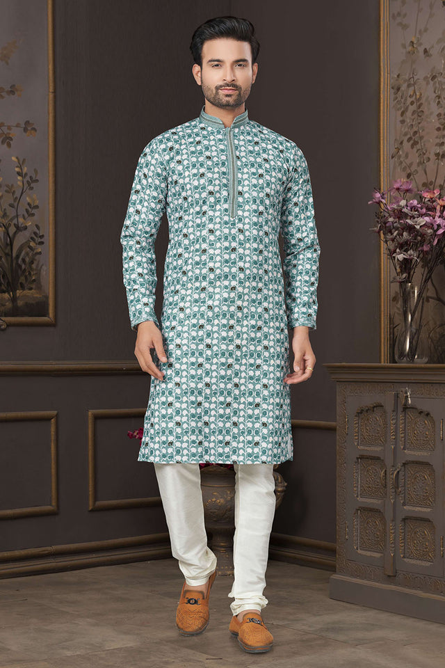 Green Printed Cotton Kurta Pyjama Set