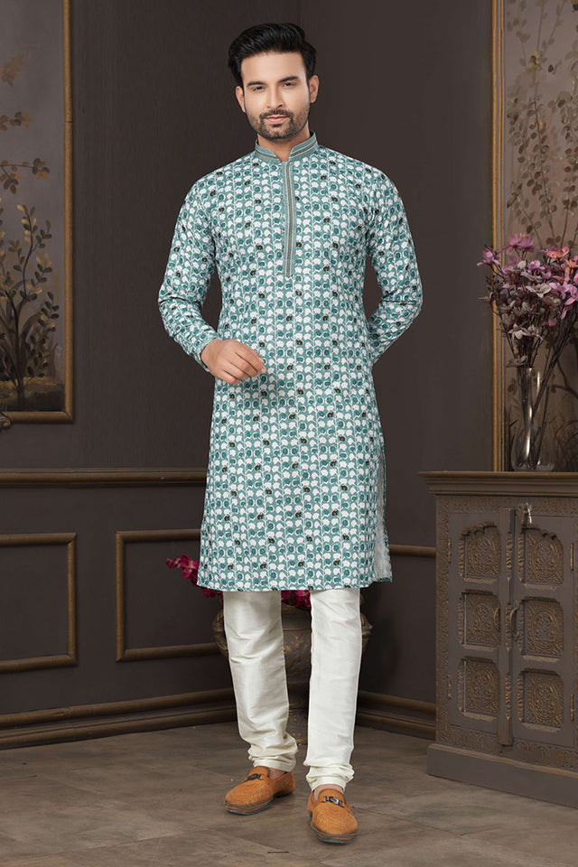 Green Printed Cotton Kurta Pyjama Set