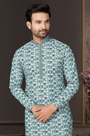 Green Printed Cotton Kurta Pyjama Set