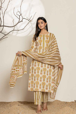 Mustard Floral Printed Cotton Kurti Pant Set