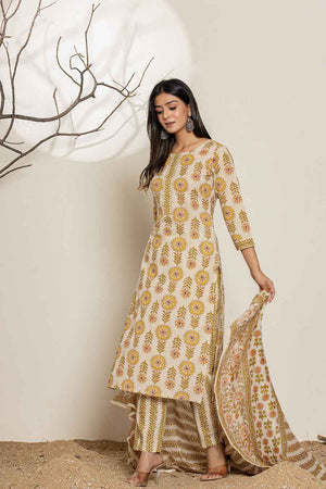 Mustard Floral Printed Cotton Kurti Pant Set