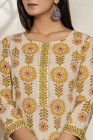 Mustard Floral Printed Cotton Kurti Pant Set