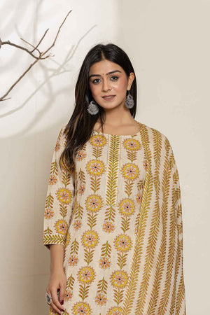 Mustard Floral Printed Cotton Kurti Pant Set