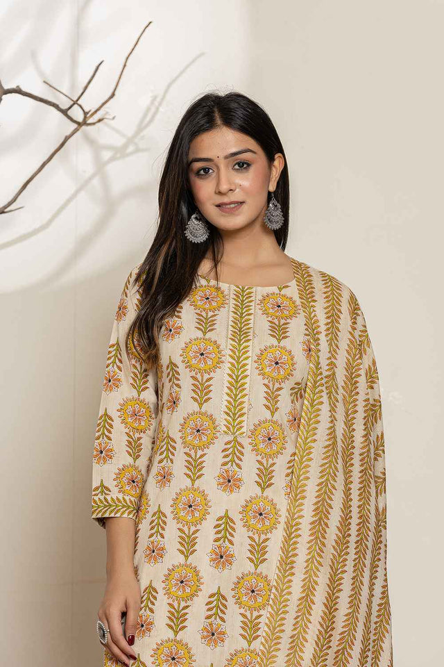 Mustard Floral Printed Cotton Kurti Pant Set