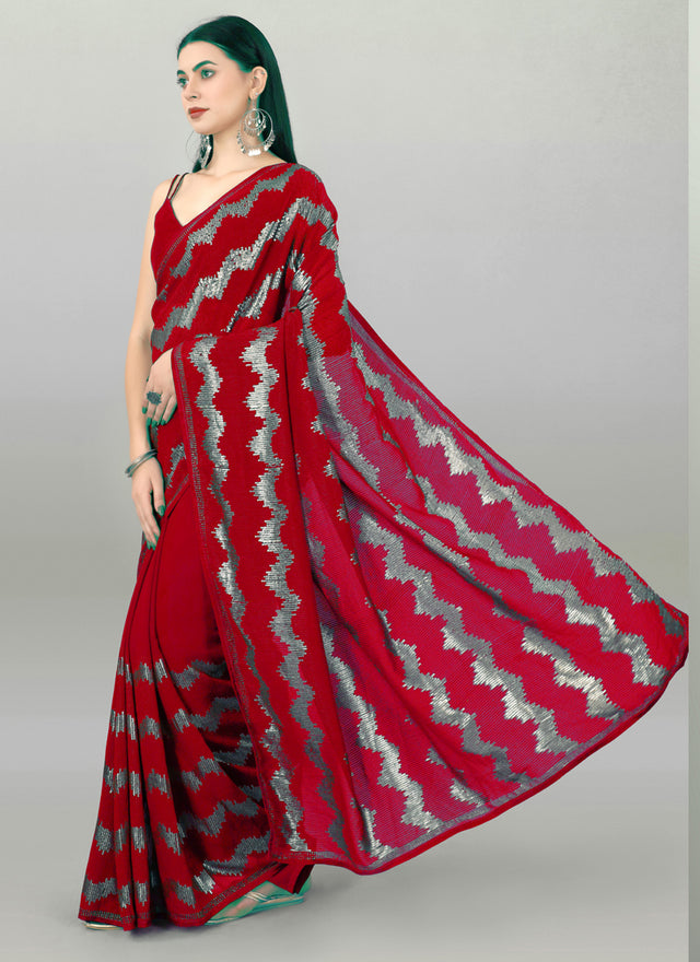 Red Georgette Sequins Saree (7009-B)