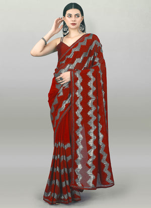 Red Georgette Sequins Saree (7009-B)