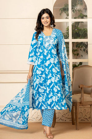 Blue Floral Printed Cotton Straight Cut Suit Set