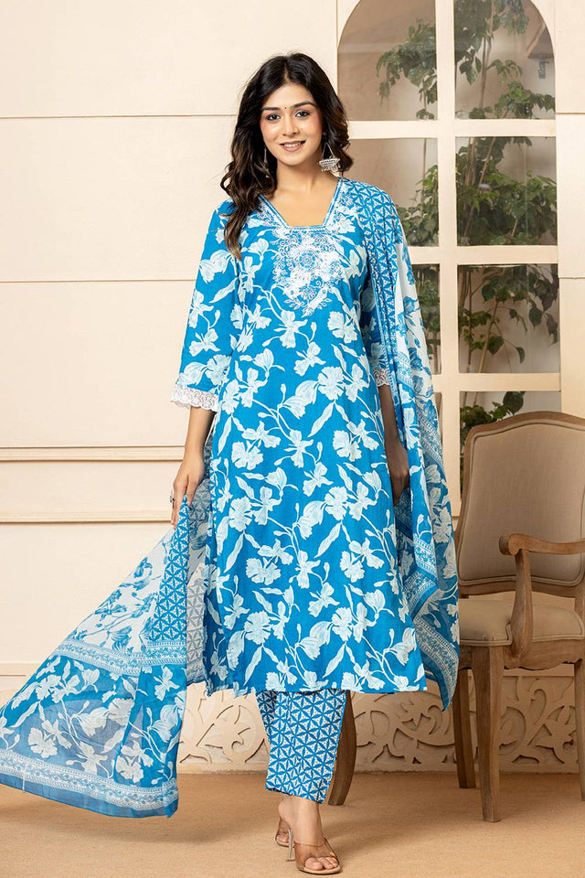 Blue Floral Printed Cotton Straight Cut Suit Set