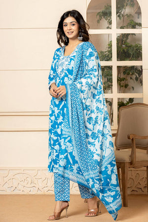 Blue Floral Printed Cotton Straight Cut Suit Set