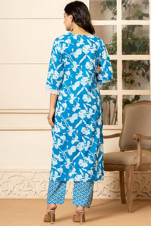 Blue Floral Printed Cotton Straight Cut Suit Set