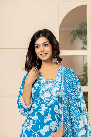 Blue Floral Printed Cotton Straight Cut Suit Set