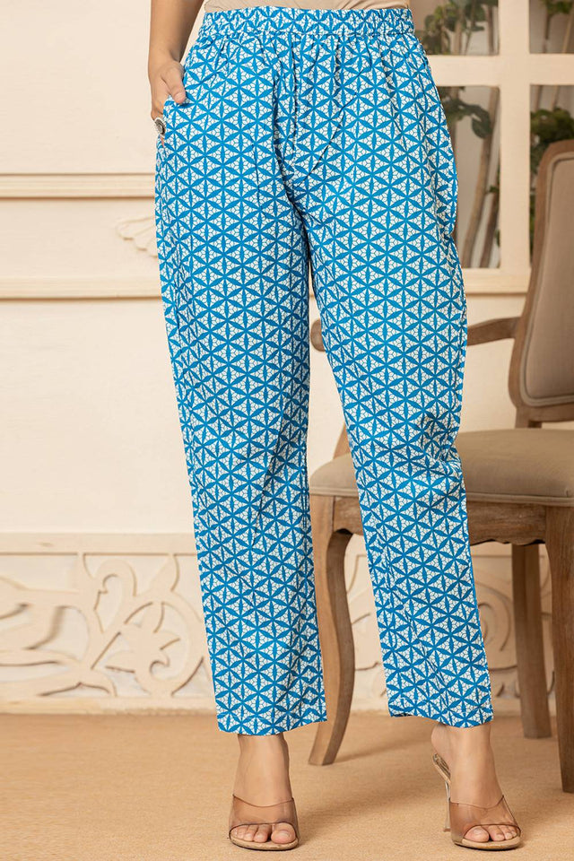 Blue Floral Printed Cotton Straight Cut Suit Set