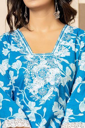 Blue Floral Printed Cotton Straight Cut Suit Set