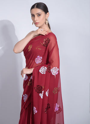 Red Georgette Flower Sequins Saree (7012-B)