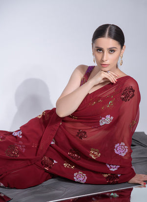 Red Georgette Flower Sequins Saree (7012-B)