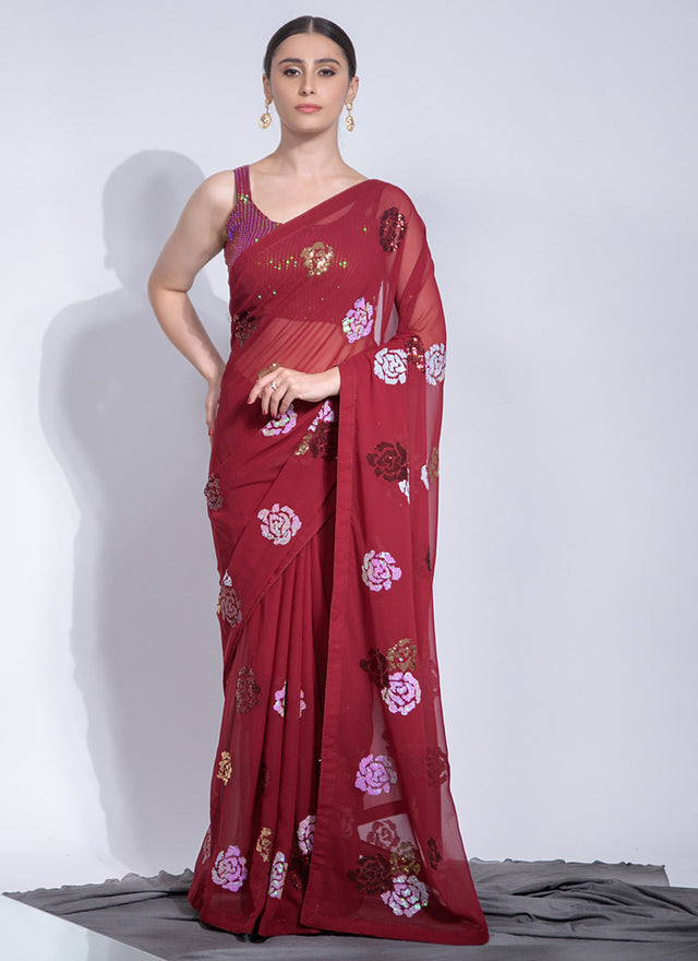 Red Georgette Flower Sequins Saree (7012-B)
