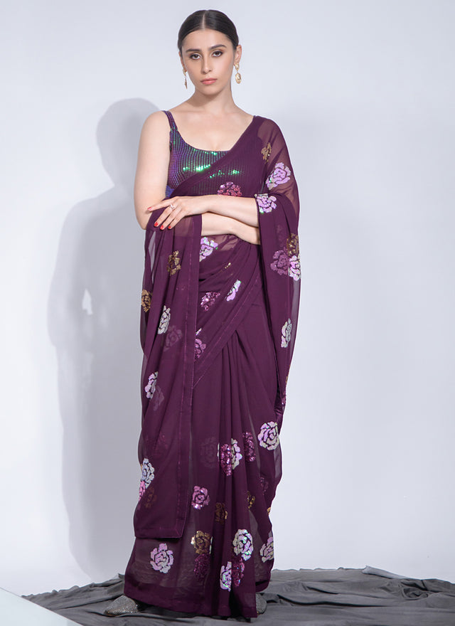 Wine Georgette Flower Sequins Saree (7012-C)