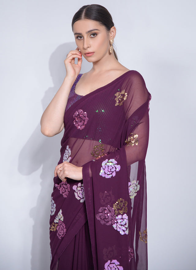 Wine Georgette Flower Sequins Saree (7012-C)