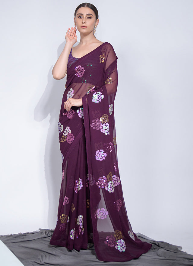 Wine Georgette Flower Sequins Saree (7012-C)
