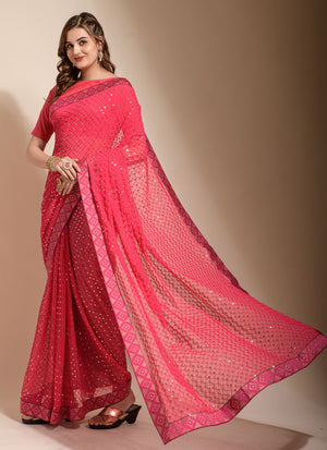Pink Georgette Sequins Saree (7013-C)