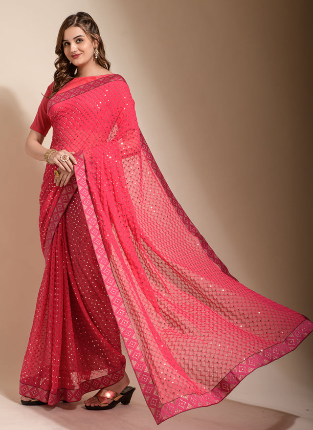 Pink Georgette Sequins Saree (7013-C)