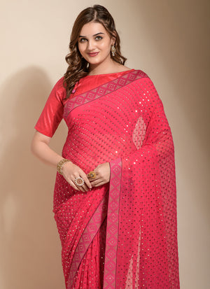 Pink Georgette Sequins Saree (7013-C)