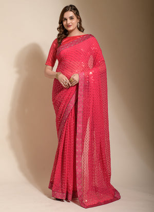 Pink Georgette Sequins Saree (7013-C)