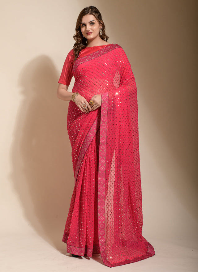 Pink Georgette Sequins Saree (7013-C)