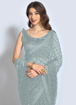 Grey Georgette Sequins Saree