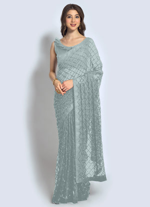 Grey Georgette Sequins Saree