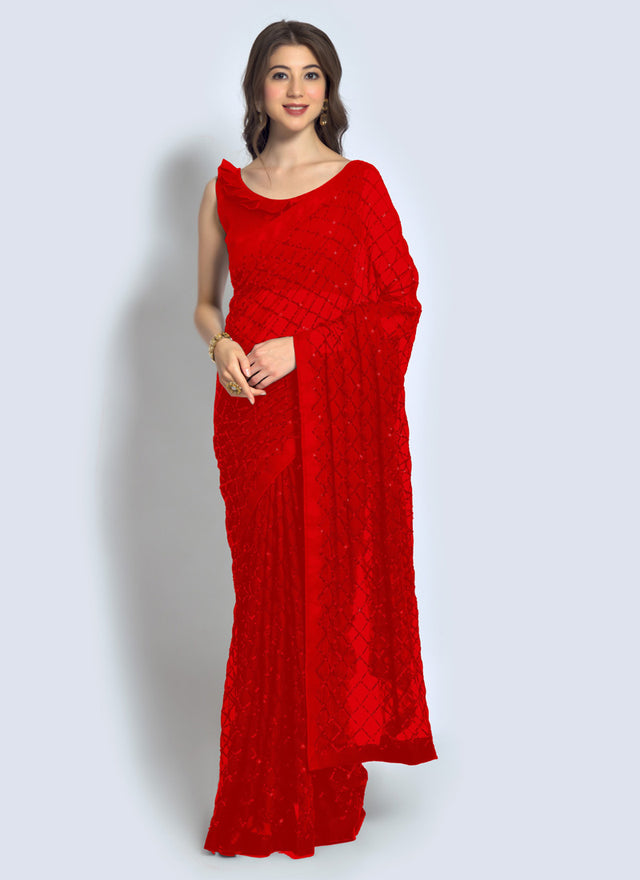 Red Georgette Sequins Saree (7020-H)