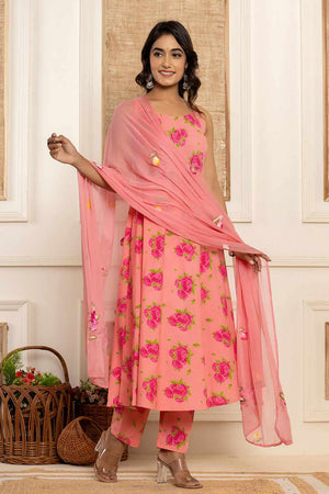 Peach Floral Print Cotton Kurti Pant Set