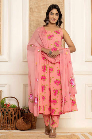 Peach Floral Print Cotton Kurti Pant Set