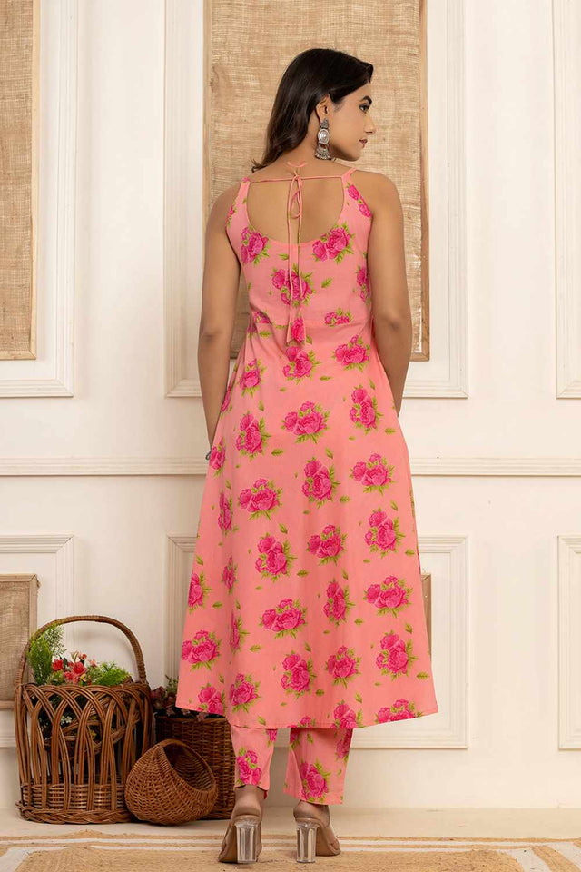 Peach Floral Print Cotton Kurti Pant Set
