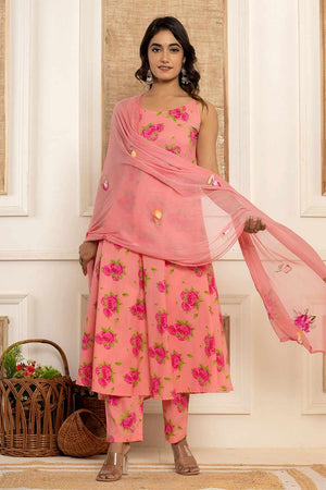 Peach Floral Print Cotton Kurti Pant Set
