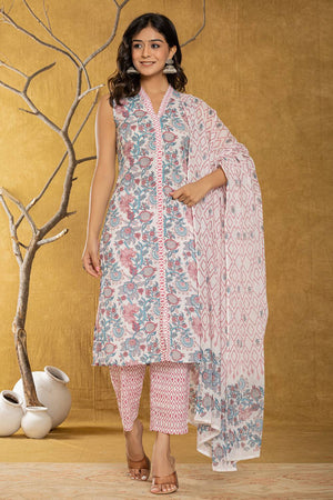 White Floral Printed Cotton Straight Cut Suit Set
