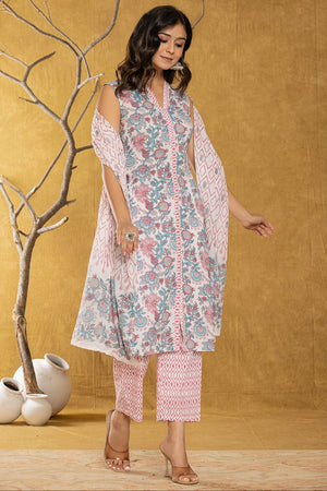White Floral Printed Cotton Straight Cut Suit Set