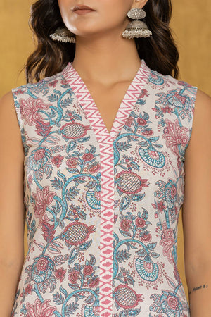 White Floral Printed Cotton Straight Cut Suit Set