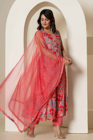 Pink Floral Print Sequins Work Pure Cotton Kurti Pant Set