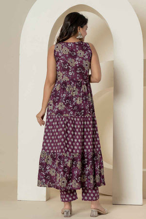 Violet Floral Print Sequins Work Pure Cotton Kurti Pant Set