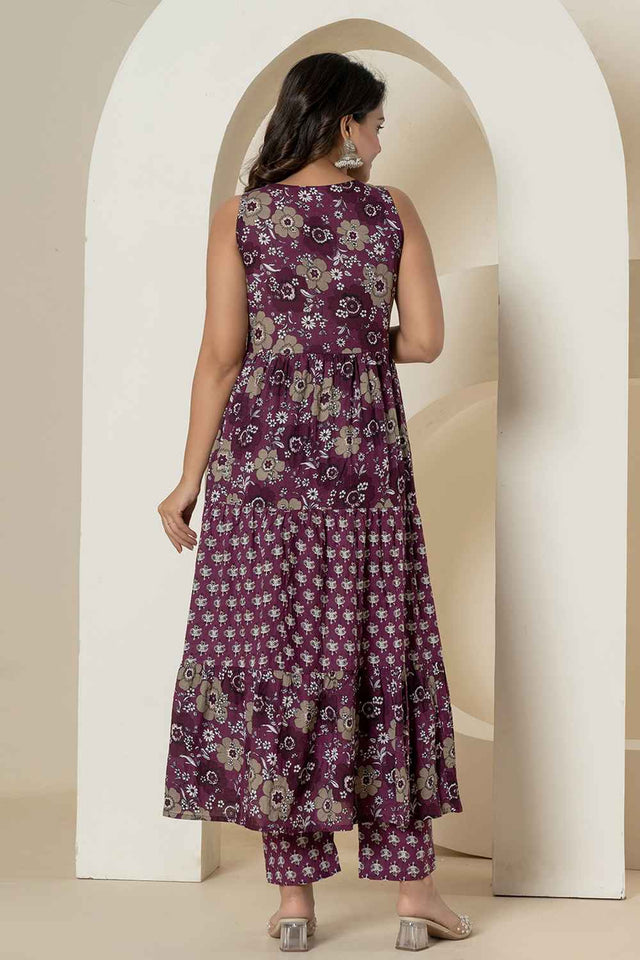 Violet Floral Print Sequins Work Pure Cotton Kurti Pant Set
