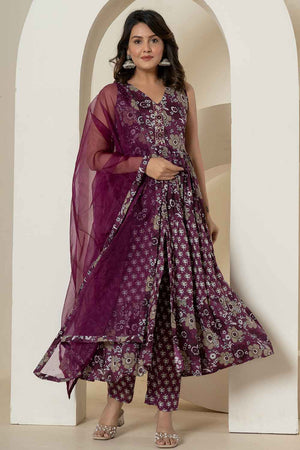 Violet Floral Print Sequins Work Pure Cotton Kurti Pant Set