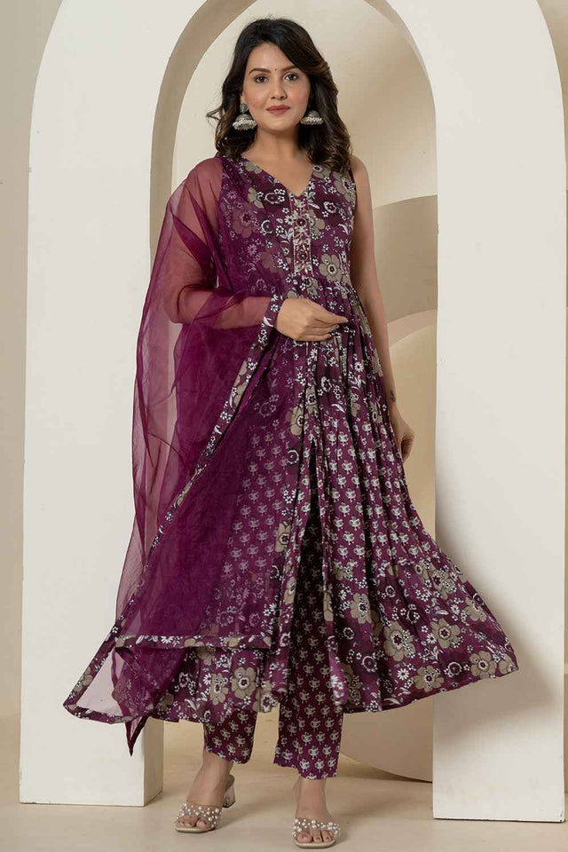 Violet Floral Print Sequins Work Pure Cotton Kurti Pant Set